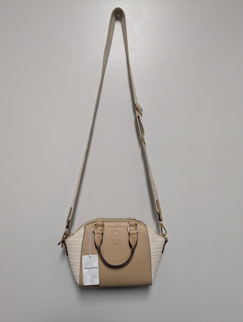 Tommy Bahama Raffia Mini Satchel Crossbody Bag Tan Pineapple Logo NWT - Picture 6 of 8